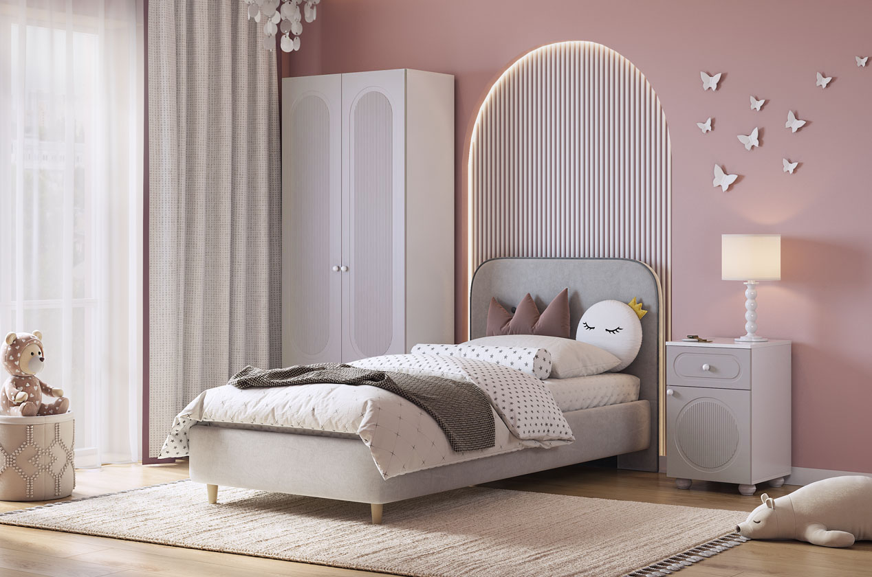 Набор детской мебели "Милана К1" (белое дерево/сакура/галька (велюр)/графит (велюр))