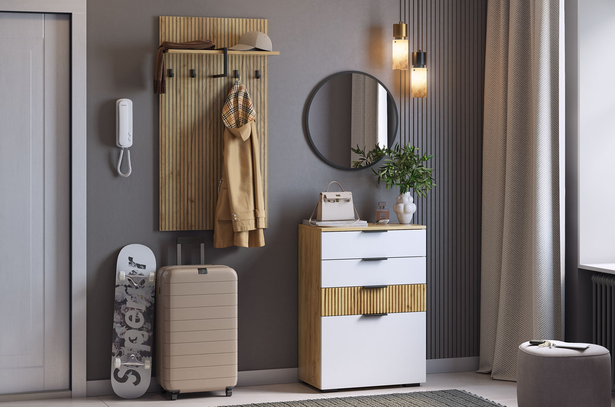 Прихожая "Мебельсон К17" (1200х353х1750) (дуб крафт золотой/белое дерево/черный)