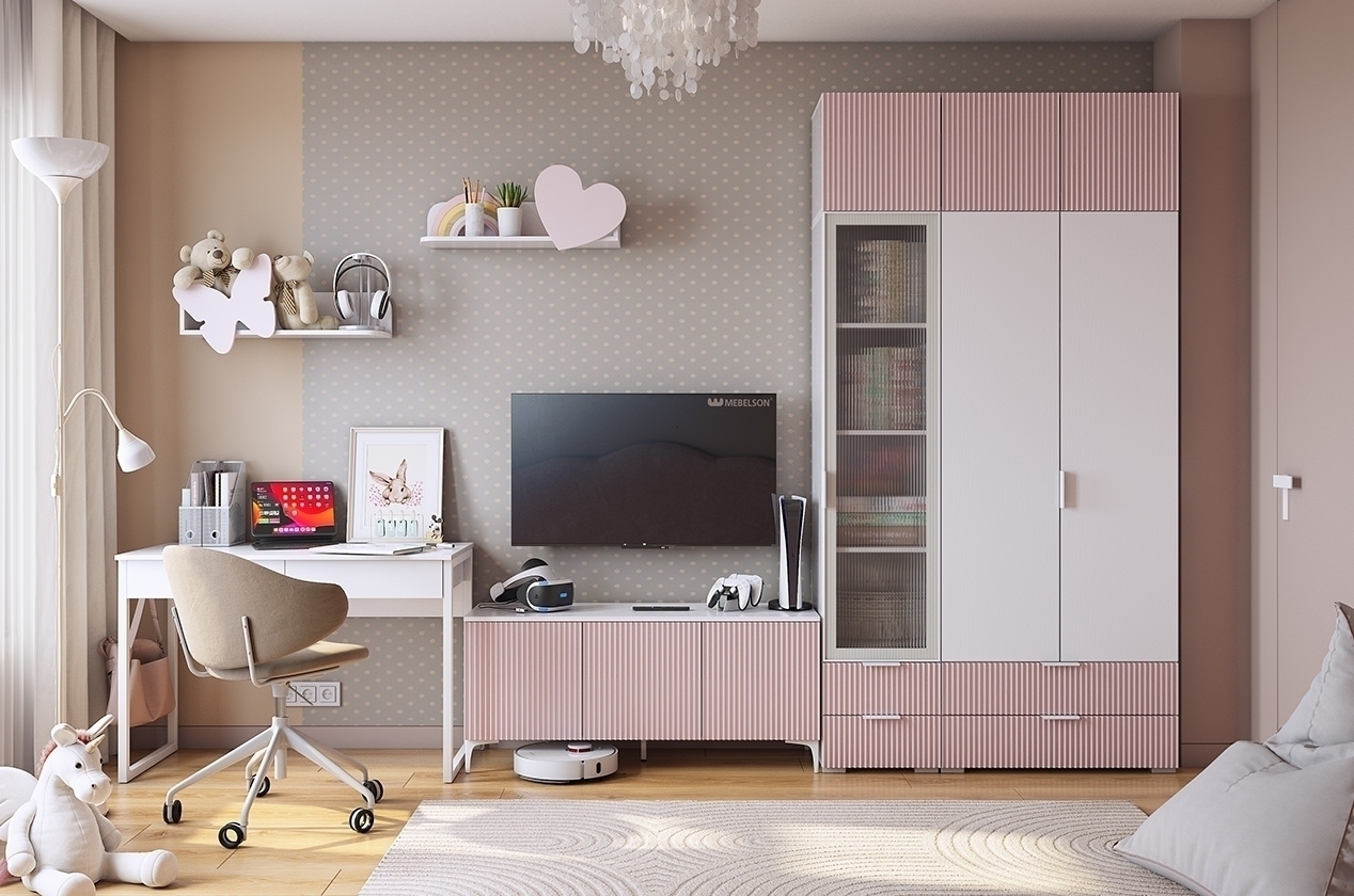 Набор детской мебели "Зефир К2" (3500х580х2300) (белое дерево/белый муар/пудра розовая (эмаль))