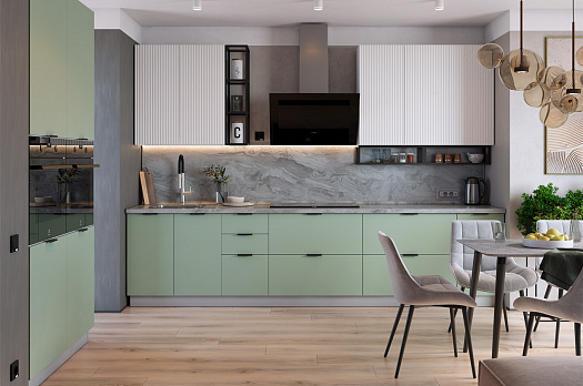 Кухонный гарнитур 10 (ширина 380х180х232,1 см) (белый/полынь софттач/милк матовый/черный муар)