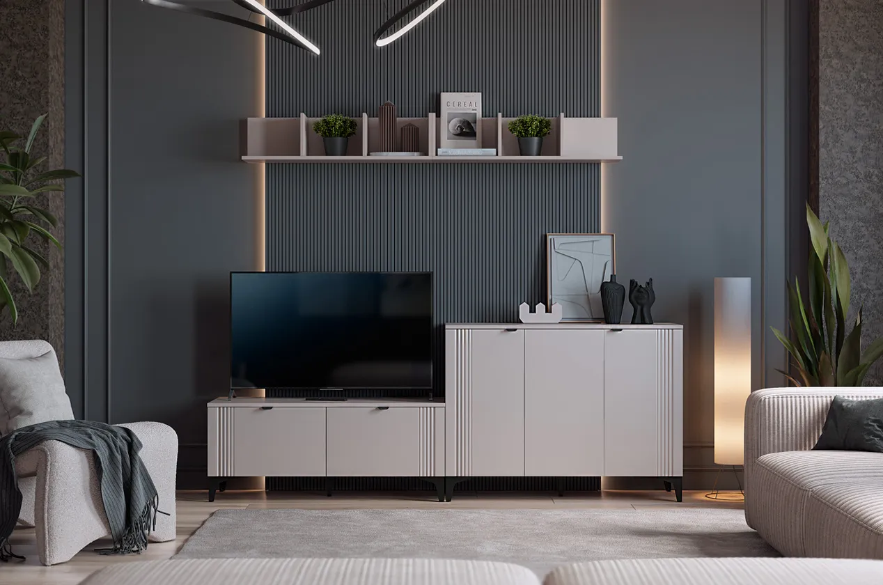 Гостиная "Рич К2" (2200х420х1800 мм) (кашемир/фрапучино матовый/черный)