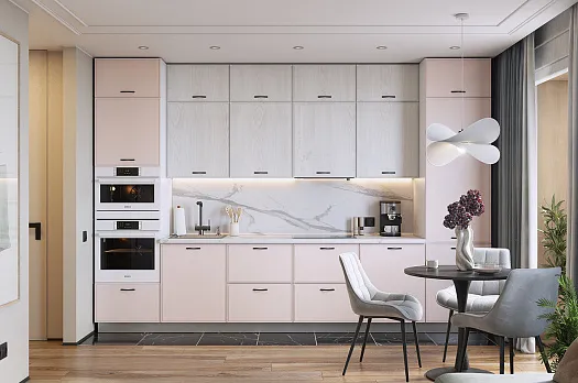 Кухонный гарнитур 7 "Монако" (ширина 360 см) (белый/айвори матовый/дуб белый матовый)