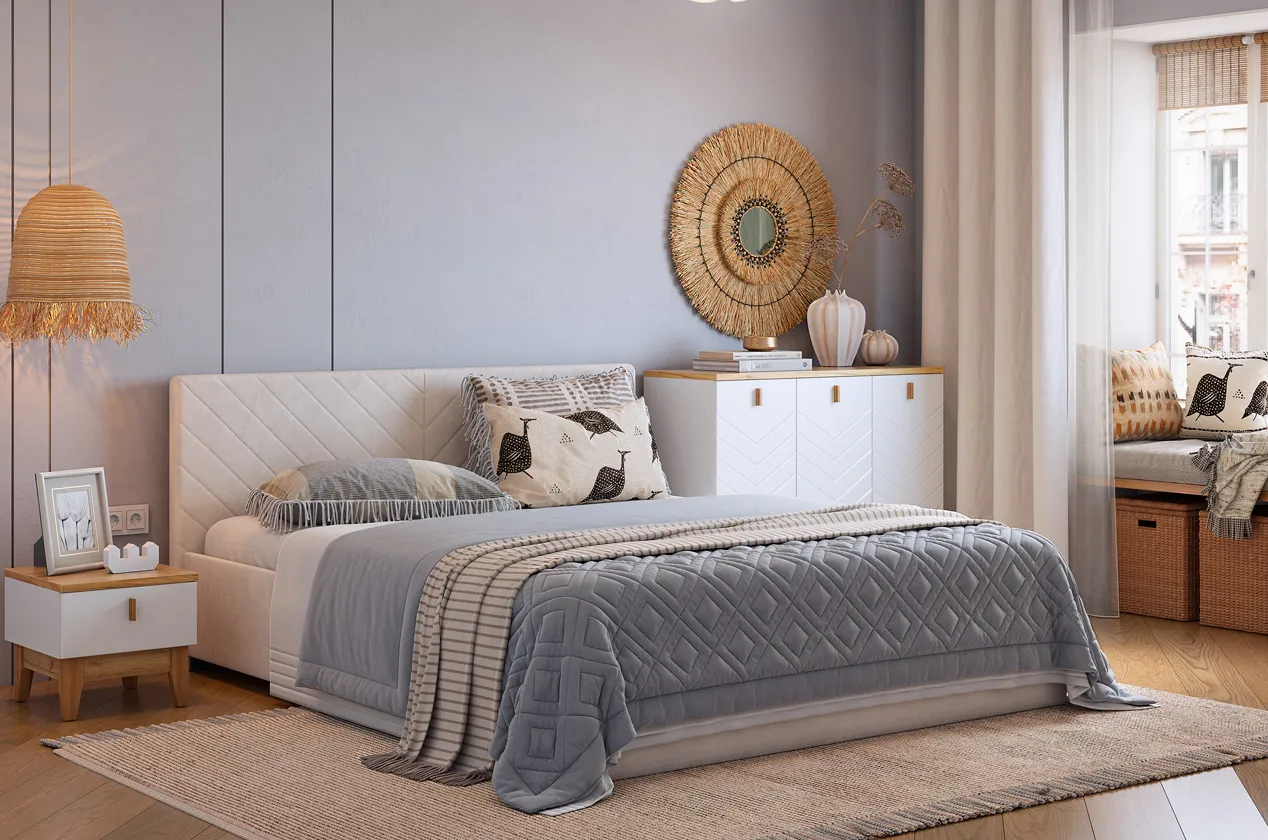 Спальный гарнитур "Хюгге К1" (белое дерево/дуб крафт золотой/белый матовый/крем (велюр))