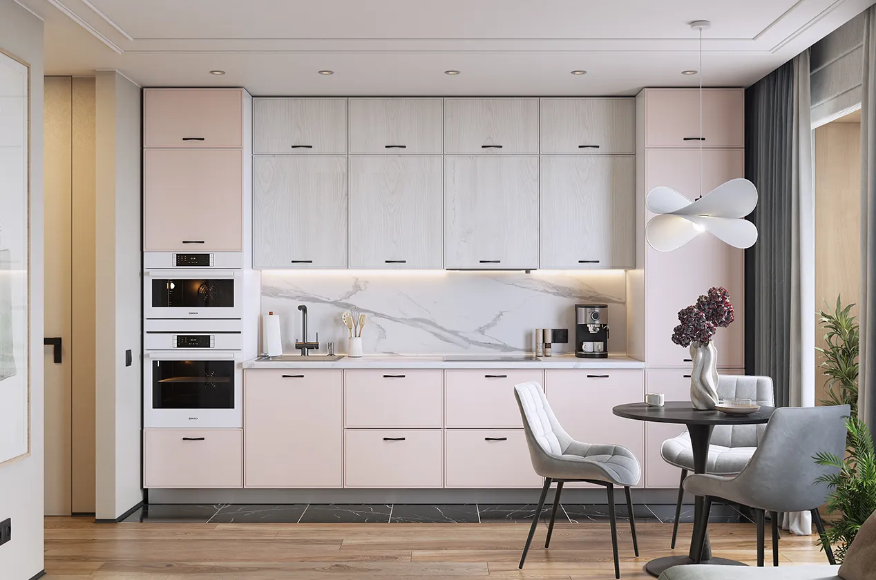 Кухонный гарнитур 7 "Монако" (ширина 360 см) (белый/айвори матовый/дуб белый матовый)